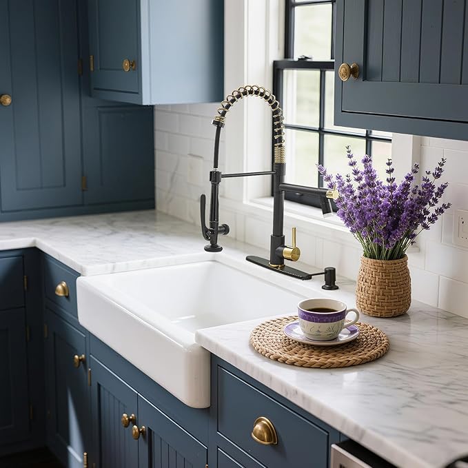 Fapully Commercial Kitchen Faucets with Pull Down Sprayer Matte Black&Gold LED Kitchen Faucet with Soap Dispenser and Deck Plack for 4 Hole, Single Handle Faucet for Kitchen Sink