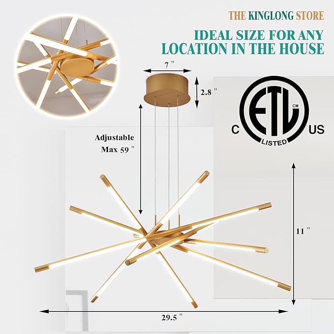 Gold 12-Light Modern Led Chandelier Flush Mount DIY Linear Art Deco Chandeliers Fixture for Dining Room,Staircase Bedroom,Bathroom,Living Room,Foyer and Kitchen Island Easy to Install Lamp