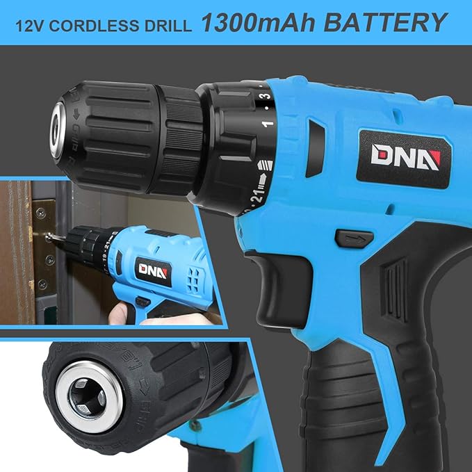 DNA MOTORING 27pcs 12V 1300mAh Cordless Drill Set, Drill Driver Home Tool Kits Combination Tool Set, Tool Kit with Drill For Home, DIY, Maintenance, Blue, TOOLS-00017