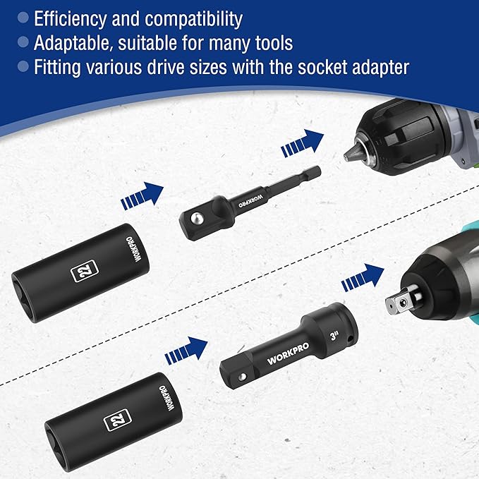 WORKPRO 20-Piece 1/2" Drive Deep Impact Socket Set, 6-Point, Cr-V Steel, 10-27mm, Universal Joint, Adapter and Extension Bar, Metric