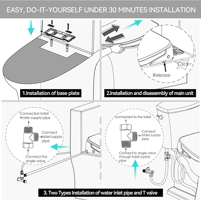 R&T V305 Round Bidet Toilet Seat, Electri Bidet Seat with Adjustable Warm Water, Air Dryer, Heated Seat, Night Light, Deodorization
