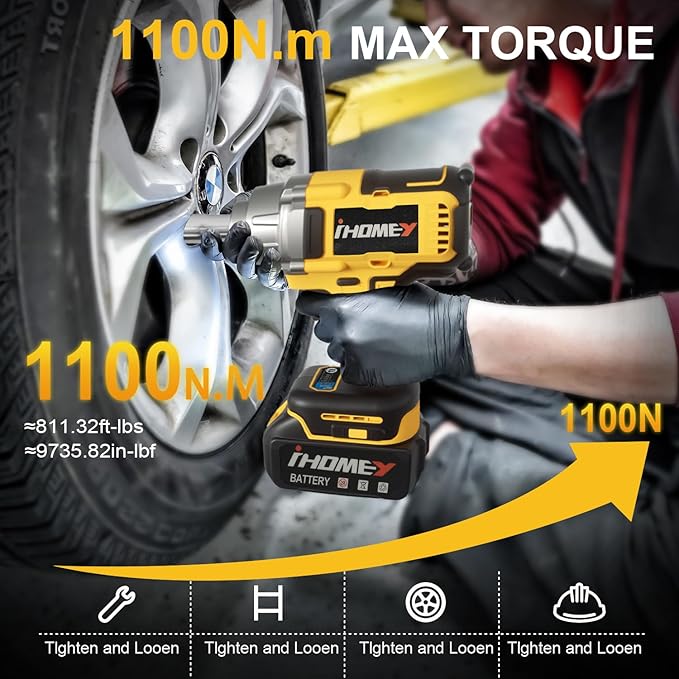 816.67Ft-lbs(1100N.m) Cordless Impact Wrench, 1/2 inch Power Torque Wrench, 2-Mode Speed,Electric Impact Gun with 2 Batteries, Charger and 5 Sockets