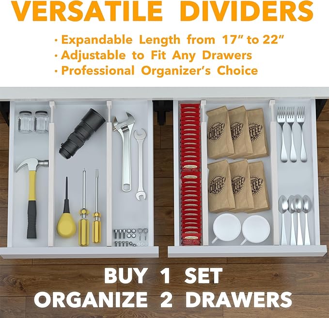 SpaceAid 4 Pack Bamboo Drawer Dividers with Labels, Kitchen Adjustable Drawer Organizers, Expandable Organization for Home Clothes Dressers (17-22 in, White)