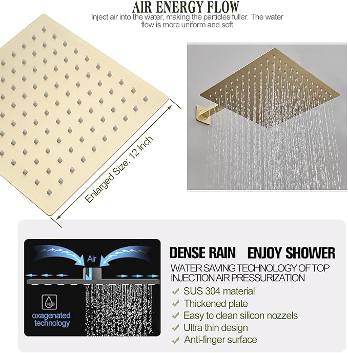 Shower Set Rain Shower System 12 Inch Ultra Large Shower Head High Pressure Brushed Gold Surface Dual Function Shower Vavle Trim Kit for Bathroom Shower Room Remodle
