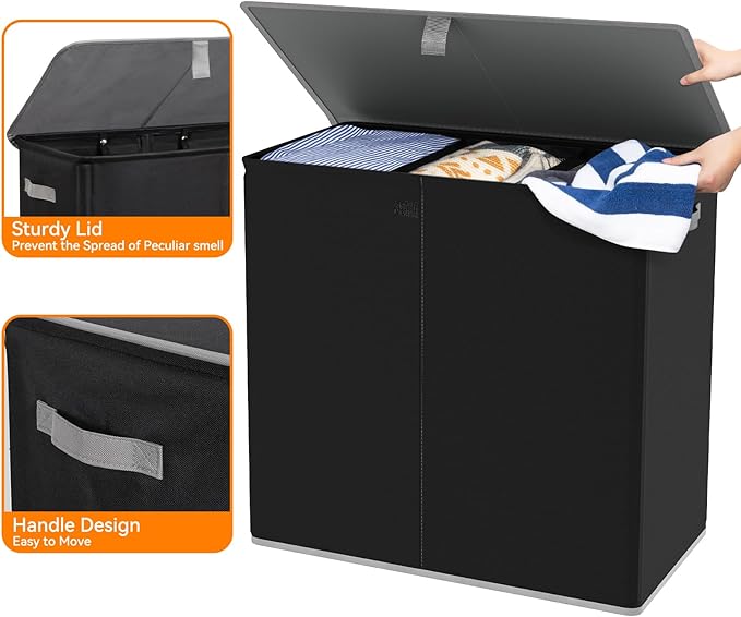 WOWLIVE Laundry Hamper with Lid,180L Large Laundry Basket 3 Section with Removable Washing Bags,Collapsible Waterproof Dirty Clothes Hamper for Laundry Room Bathroom Dorm,Black