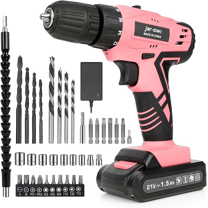 Jar-Owl 21V Pink Cordless Drill Set for Women,350 in-lb Torque, 0-1350RMP Variable Speed, 10MM 3/8'' Keyless Chuck, 18+1 Clutch, 1.5Ah Li-Ion Battery & Charger for Home DIY and Repair - Black & Pink