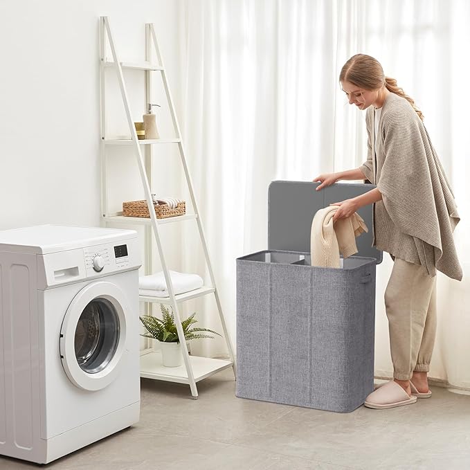 Lifewit Triple Laundry Hamper with Lid and Removable Laundry Bags, Large Collapsible 3 Dividers Dirty Clothes Basket with Handles for Bedroom, Laundry Room, Closet, Bathroom, College, 160L Light Gray