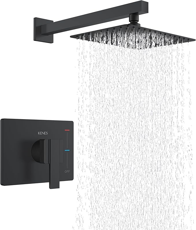 KENES Matte Black Shower Faucet with Square Shower Trim Kit & Single-Spray Head, Wall Mount, KE-6024B-2 (Includes Shower Valve)