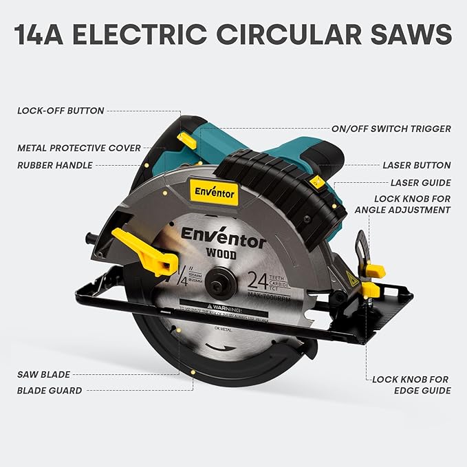 Enventor Circular Saw Corded, 14A Electric Circular Saws 7-1/4-Inch with Laser Guide, 2 Blade Saws (40T/24T), Max Cutting Depth 2-7/16"(90°), 1-13/16"(0°-45°), Single Handed Bevel, 5500RPM, Blue