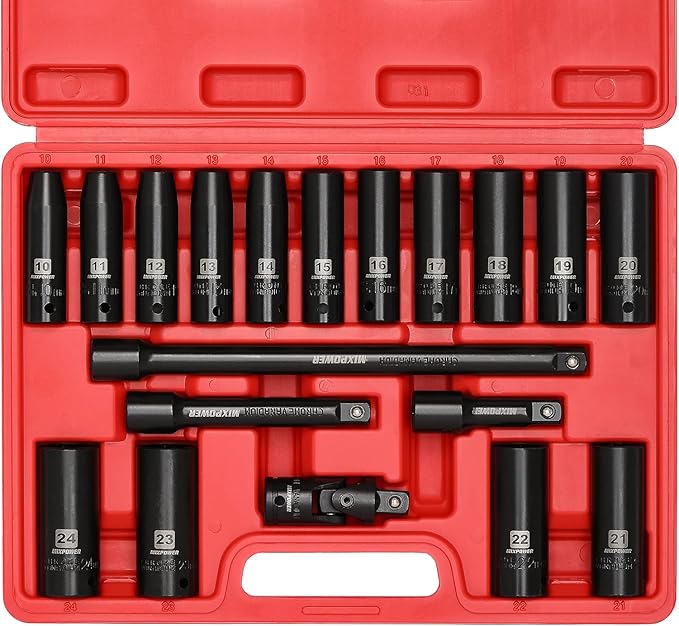MIXPOWER 1/2-Inch Drive Deep Impact Socket Set, CR-V, Metric Size 10-24mm, 6 Point, Perfect for Home, Mechanic and Repair Project, 19-Piece Sockets Set with Extension Bar and Universal Joints.