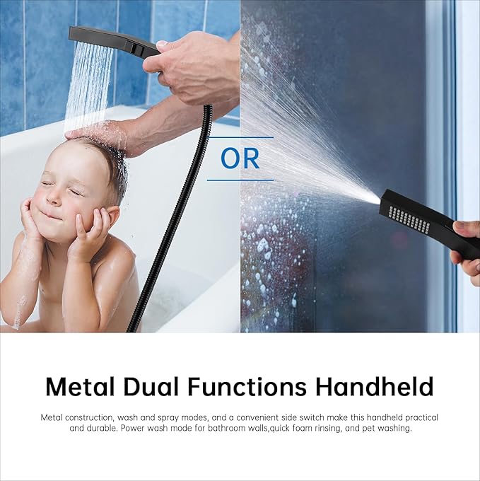 G-Promise All Metal 12 Inches Rain Shower Head with Handheld Built-in Power Wash Mode, 3-way Diverter with Pause Setting, 11 Inches Adjustable Extension Arm with Lock Joint, Long Hose (Matte Black)