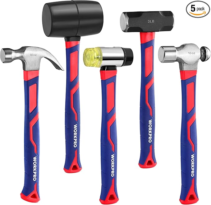 WORKPRO 5-Piece forge/Polish Steel Head, Fiberglass Handle Set - 32oz Rubber Mallet | 16oz Claw & Ball-Peen Hammers | 3lb Sledge | 22oz Double-Faced Mallet