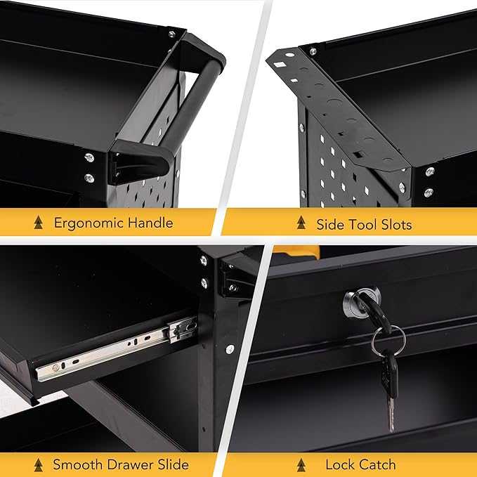 Rolling Tool Cart with Wheels, 3 Tier Black Tool Box Tool Chest with Drawers Universal Lockable Wheels, Utility Service Cart Adjustable Shelf and Locking Mechanism, for Workshop, Repair Shop