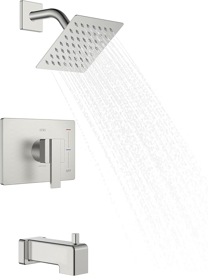 KENES Brushed Nickel Tub and Shower Trim Kit, Shower Faucet with Single-Spray Rain Shower Head, Square Stainless Shower Faucet Set, KE-6025A (Shower Valve Included)