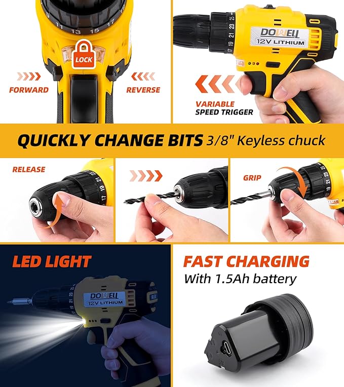 DOWELL 147 Pcs Tool Kit with 12V Cordless Drill with 3/8" Keyless Chuck for Home, Men, Built-in LED, Type-C Charge Cable
