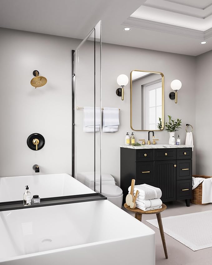 Shower Faucet Set with Valve, WOWOW Shower Trim Kit with 6-Inch Rain Shower Head and Tub Spout, Single Handle Shower Tub Combo complete Sets Wall Mount, Black and Gold
