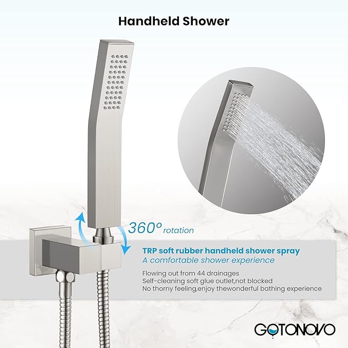 gotonovo Rainfall Tub Shower Faucet Set Bathroom Shower System with Tub Spout Wall Mount Square High Pressure Shower Fixtures with Handheld Sprayer Rough-In Valve 10'' Shower Head,Brushed Nickel