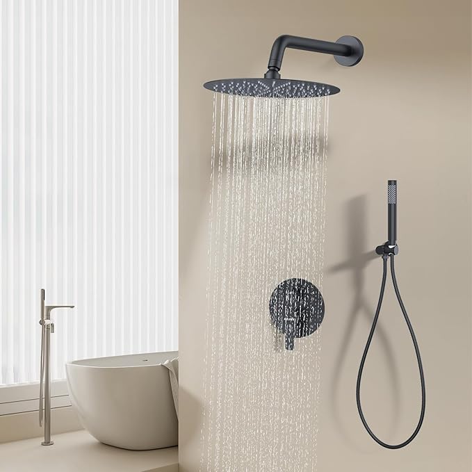KOJOX 10 Inch Matte Black Shower System with High Pressure Rain Shower Head, Handheld Shower Head, Bathroom Mixer Shower Set Wall Mounted Shower Faucet Rough-in Valve and Trim Kit