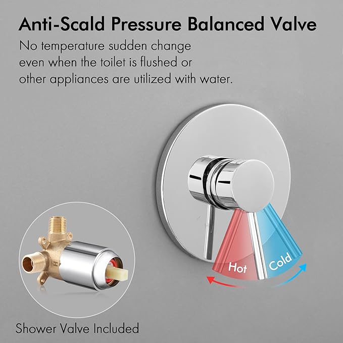 KES Shower Valve and Trim Kit Rain Shower Head Shower Faucet Set Complete Wall Mount Pressure Balance Shower Fixture Polished Finish, XB6202F18-CH