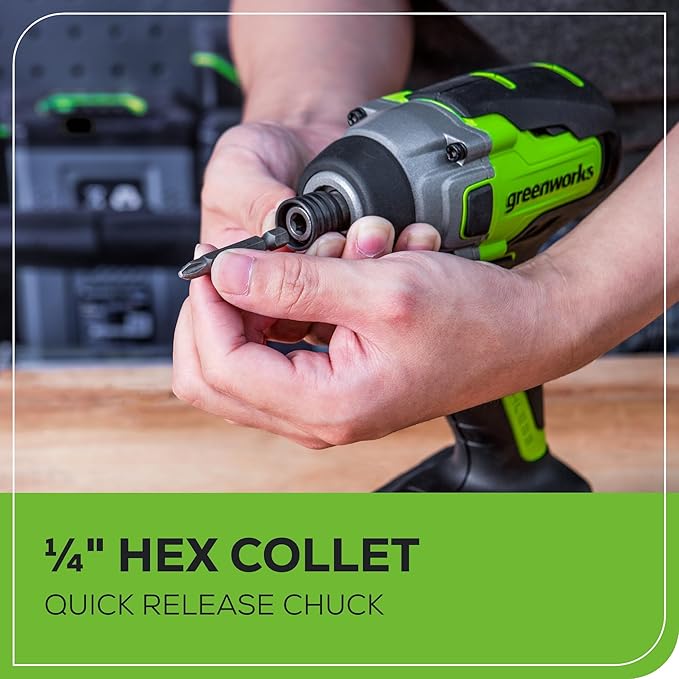 Greenworks 24V Brushless Cordless Impact Driver Kit, 2650 in./lbs Torque 1/4-inch Hex, Variable Speed Impact Drill/Driver Set, Included (2) USB (Power Bank) Batteries and Dual Port Charger, Bits
