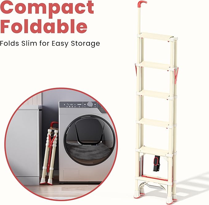 Telescoping 6-Step Ladder, 5.3FT Folding Step Stool with Safety Lock, Wide Non-Slip Pedals & Retractable Handgrip, Heavy Duty 380 lbs for Home & Outdoor