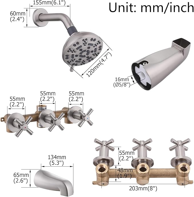 3 Handles Shower Faucet Set with Tub Spout Bathtub Shower Faucets Combo Set Shower System Complete Tub and Shower Trim Kit Shower Fixtures Brushed Nickel