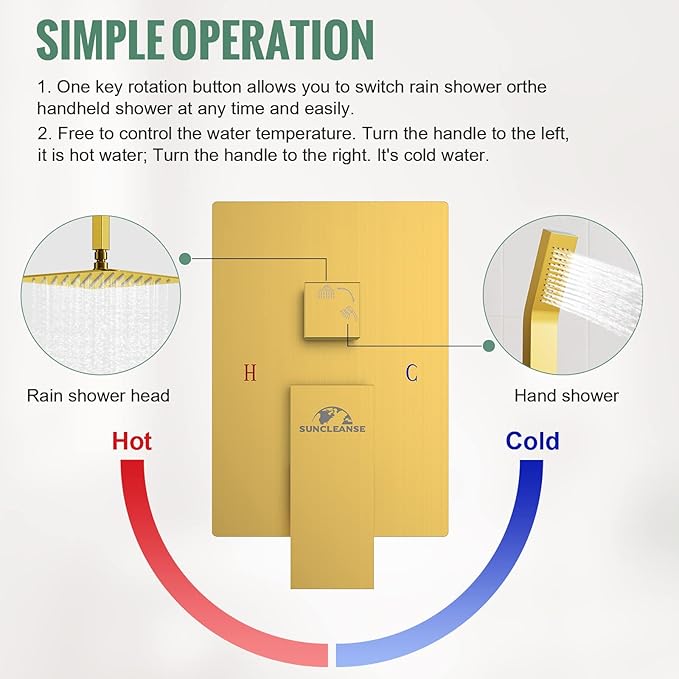 SunCleanse Rainfall Shower Faucet Set Brushed Gold Shower Combo Set for Bathroom with High Pressure 10 inch Shower Head with Handheld Shower Valves Shower Head and Handheld Ceiling Mounted