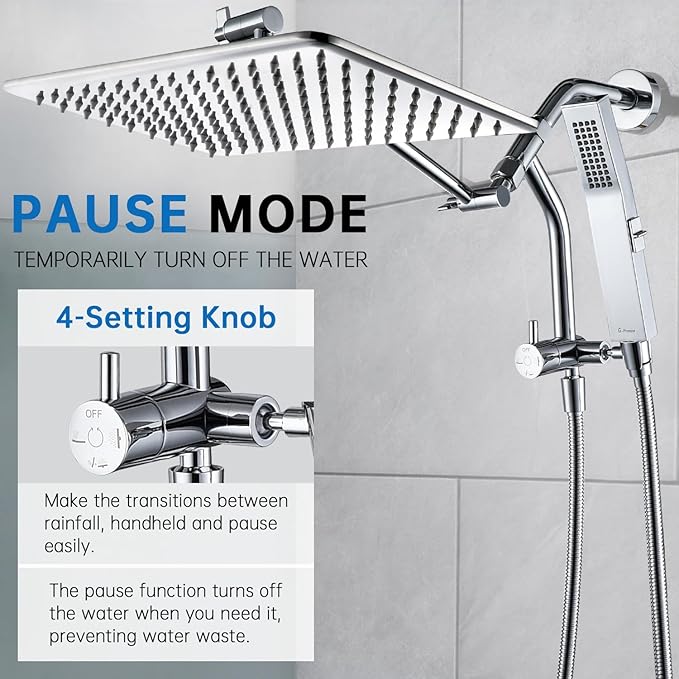 G-Promise All Metal 14 Inches Rain Shower Head with Handheld Built-in Power Wash Mode, 3-way Shower Diverter with Pause Setting, 11 Inches Adjustable Extension Arm, Long Hose (Chrome, 14 Inches)