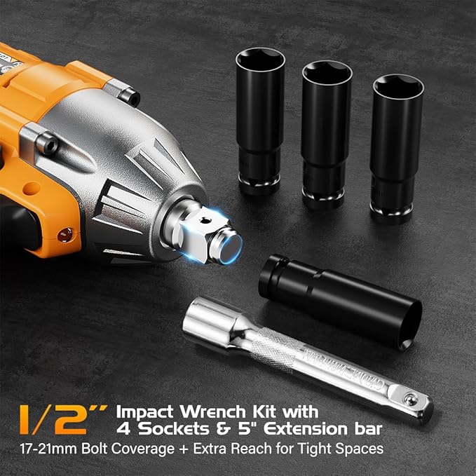 1/2 Power Impact Wrench 400N.m/ 300ft-lbs Impact Gun Cordless Electric Impact Driver with Battery and Charger include 17/19/20/21mm Sockets and 5 inch Extension Rod