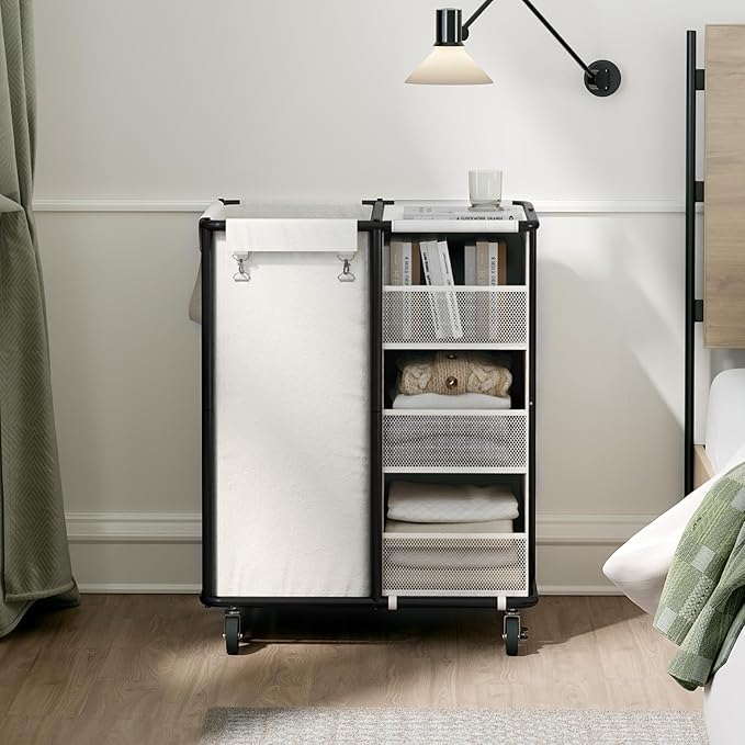 WOWLIVE Laundry Sorter with Wheels 100L Rolling Laundry Hamper with Hanging and Removable Bag Laundry Cart with Steel Frame and Storage Unit Large Basket Organizer for Dorm Room, Bathroom (Beige)