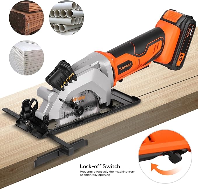 Mini Circular Saw, 20V 3400RPM Professional Cordless Circular Saw, Adjustable Angle and Depth,Max Cutting Depth 1-2/3"(90°), 1-1/8"(45°), Laser Guide, Rip Guide