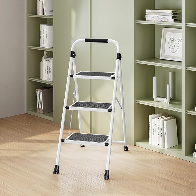 KINGRACK Step Ladder 3 Step Folding with with Anti-Slip and Wide Pedal,Portable Foldable,Tall Sturdy Step Ladder with Handgrip for Home Kitchen Household,White