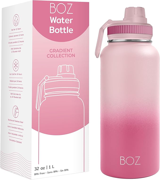 BOZ Stainless Steel Water Bottle - Vaccum Insulated Water Bottle 32 Oz - Wide Mouth BPA Free Sport Water Bottle for Gym with Spout Lid - Thermal Hot & Cold 1 Litre Gradient Pink Waterbottle
