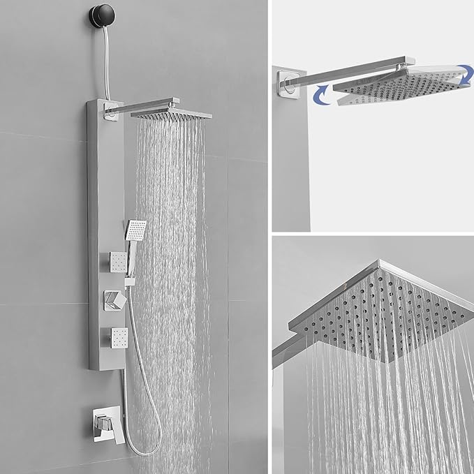 BWE Shower Panel with Rainfall Shower Head 3-Function Faucet Stainless Steel Wall Mount Retrofit Shower System with 2 Body Massage Jets and Handheld Shower,Brushed Nickel
