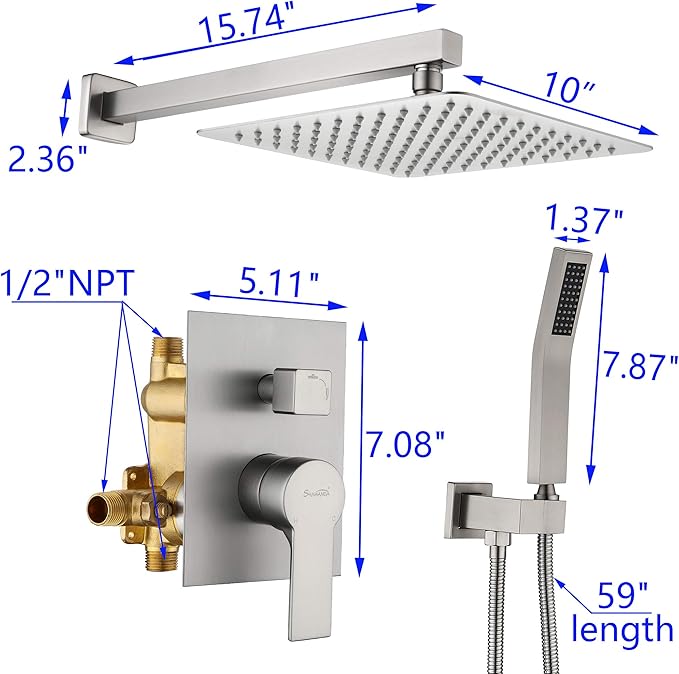 SHAMANDA Rainfall Shower System, Bathroom Luxury 10-Inch Rain Shower Head and Handheld Shower Faucet Combo Set Brushed Nickel(Including Rough-In Valve Body and Trim), Wall Mount, L701-2