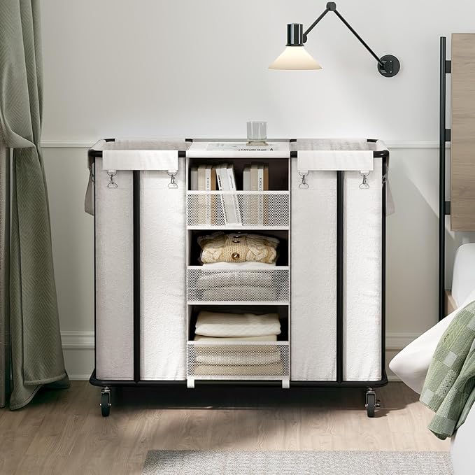 WOWLIVE Laundry Sorter 2 Section 200L Rolling Laundry Hamper with Hanging and Removable Bags Laundry Cart with Steel Frame and Storage Unit Large Basket Organizer for Dorm Room, Bathroom (Beige)