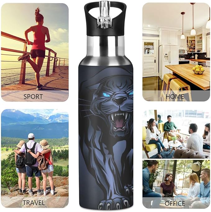 senya 34 Oz Water Bottle with Straw Roaring Black Panther Stainless Steel Water Bottle for Traveling Sports Leakproof Insulated Water Bottle