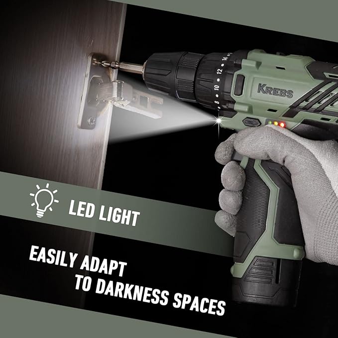 KREBS 12V Cordless Drill Set with 1.5Ah Battery & Fast Charger, 3/8-Inch Keyless Chuck 245 In-lbs 2 Variable Speed 18+1 Torque Setting with LED Electric Drill