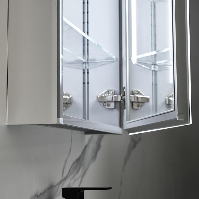 Blossom LED Lighted Medicine Cabinet Mirror for Bathroom 20x26 Inch - Right Hinge Recessed/Surface Mount - LED Mirror Cabinet with Lights - Defogger/3 Color Dimmer - Perfect Makeup Vanity