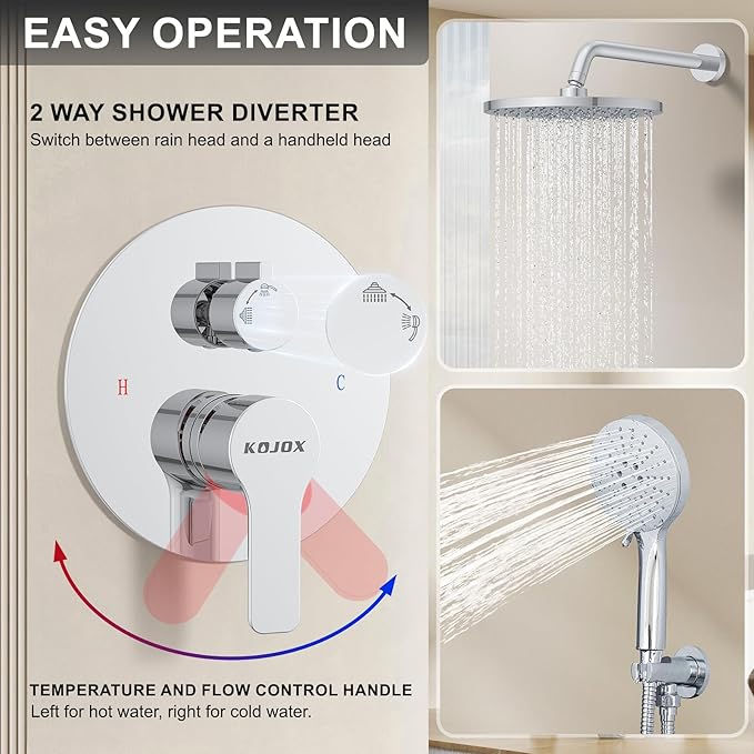 KOJOX Shower Set - Polished Chrome High Pressure Shower Head System- 3 Setting Headheld Shower Head Fixtures- Valve Included