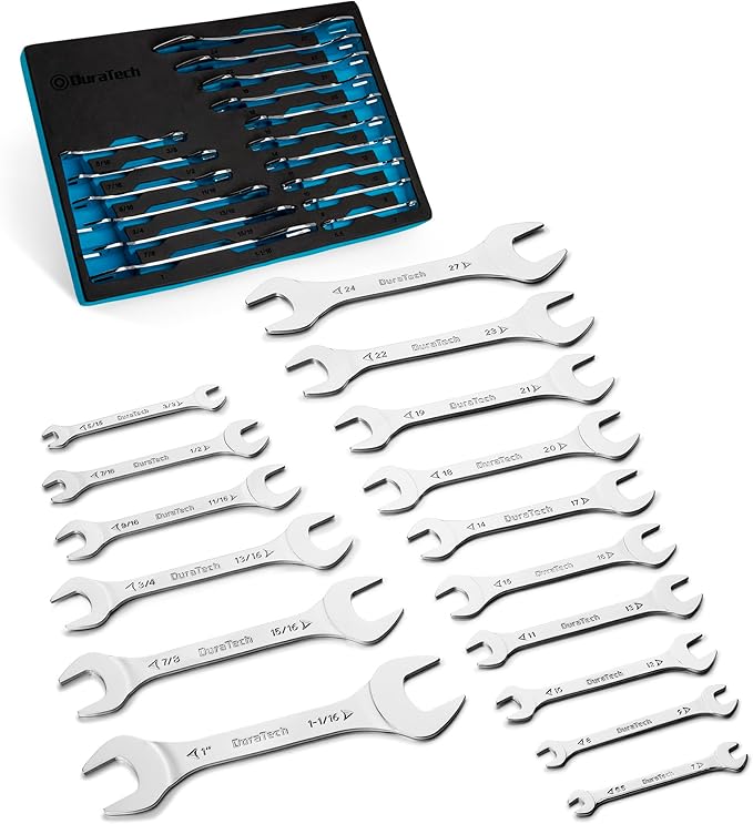 DURATECH Super-thin Open End Wrench Set, SAE(5/16" to 1-1/16") & Metric(5.5mm to 27mm), 16-Piece, Slim Spanner Wrench Set with EVA Tray Storage