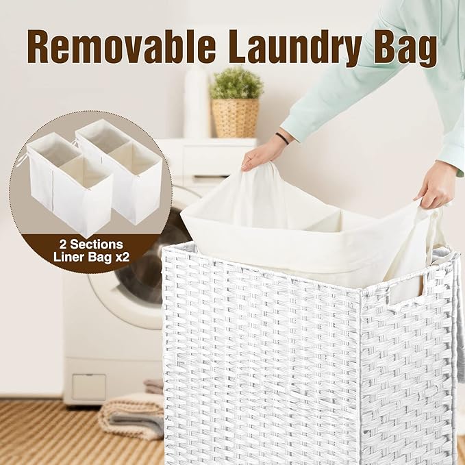 Greenstell Laundry Hamper with 2 Removable Liner Bags,90L Divided Clothes Hamper, Handwoven Synthetic Rattan Foldable Laundry Basket with Lid and Handles White (18.5 x 13.3 x 24.0Inches)
