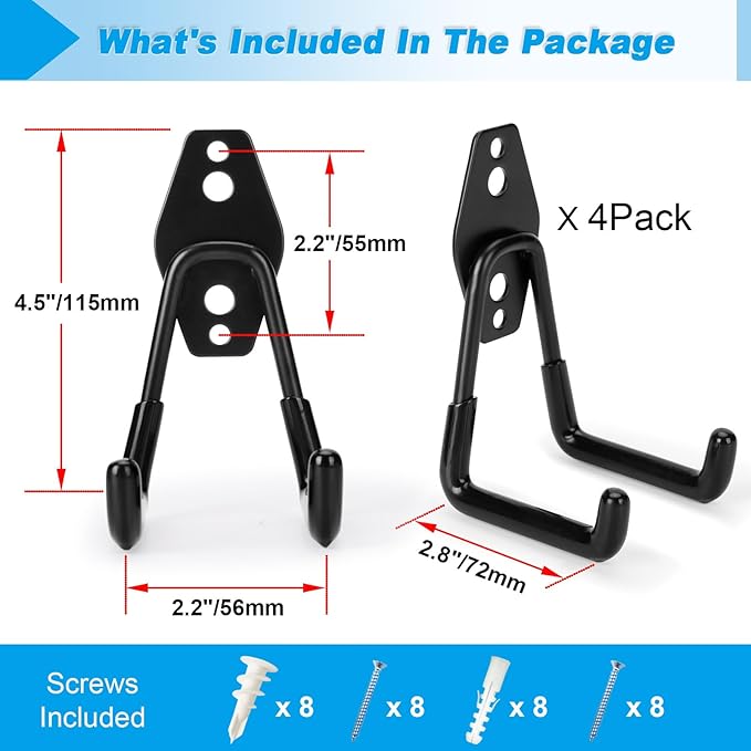 4 Pack Garage Hooks Heavy Duty - Supports 100 lbs, Utility Steel Garage Hanger & Organizer for Organizing Garden Lawn Tools, Ladders, Garden Hose, Digging Shovel, Bikes, Ropes