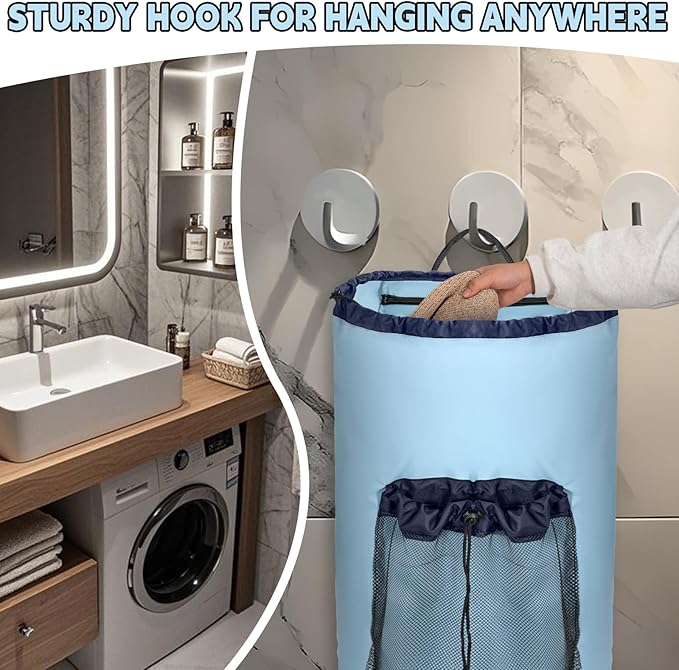 Laundry Bag Backpack with Shoulder Straps and Mesh Pocket Foldable Laundry Hamper for College, Apartment, Laundromat (Light Blue)