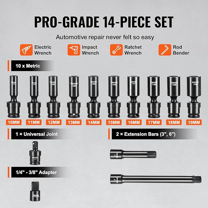 VEVOR 14PCS Universal Impact Socket Set - 3/8" Drive Deep Metric 10-19mm 6 Point - Swivel Socket with Flexible Wobble, CR-MO, Metric, Storage Case