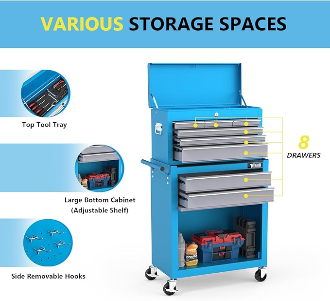 TUFFIOM 8-Drawer Rolling Tool Chest, Tool Storage Cabinet w/Lockable Wheels, Detachable Top, Drawers & Side Hooks, Mechanic Tool Organizer Box for Garage Warehouse Repair Shop