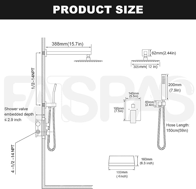 Shower System with Tub Spout, Shower Faucet Set with 12 Inch Rain Showerhead Handheld Shower and Tub Spout, Wall Mounted High-Pressure Showerhead Combo Set Included Valve and Trim, Matte Black