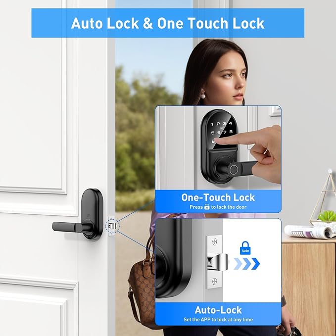 Smart keypad Door Lock with Handle,Fingerprint Keyless Entry Digital Lock with Built-in doorbell for Front Door,Bedroom,biometric Door knob,with Gateway Remote APP Control