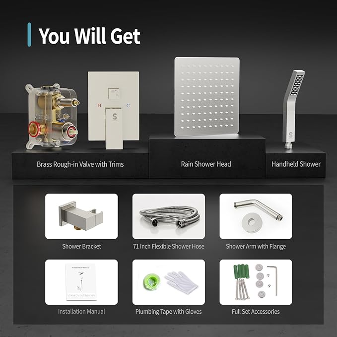 SR SUN RISE Shower Faucet Set - Shower Valve with 8 Inch Rainfall Shower Head and Handheld Shower - Wall Mounted Shower System with Rough In Valve and Shower Faucet Trim Repair Kits - Brushed Nickel