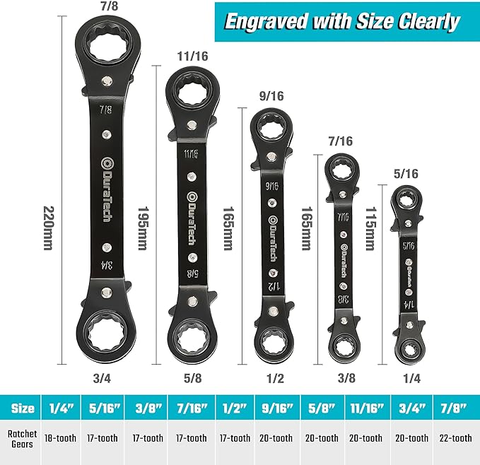 DURATECH 5 Pc Double Offset Box End Reversible Ratcheting Wrench Set, SAE, Heavy-duty, Matte Chrome Plated, Ratchet Spanner Crooked for Narrow Spaces (1/4-7/8 inch)